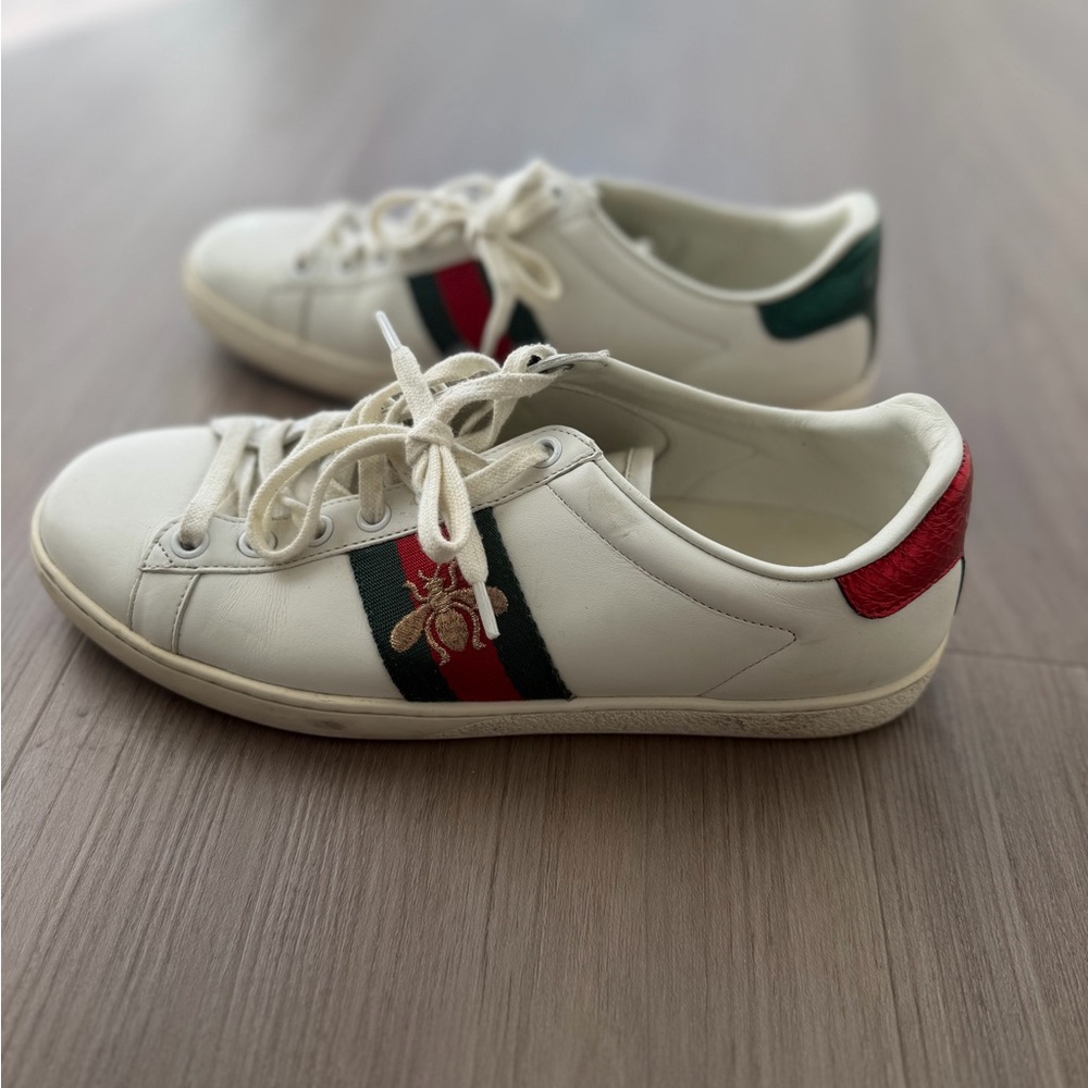 Gucci Ace Watersnake-Trimmed Embroidered Leather Sneakers